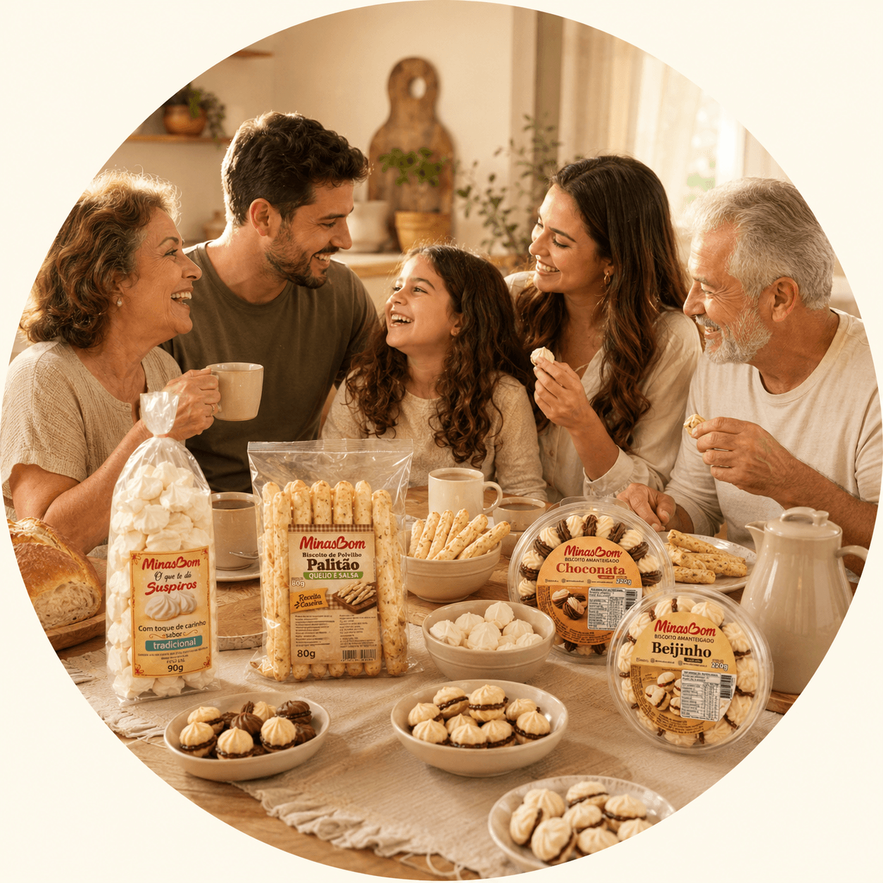 Família reunida à mesa com produtos MinasBom
