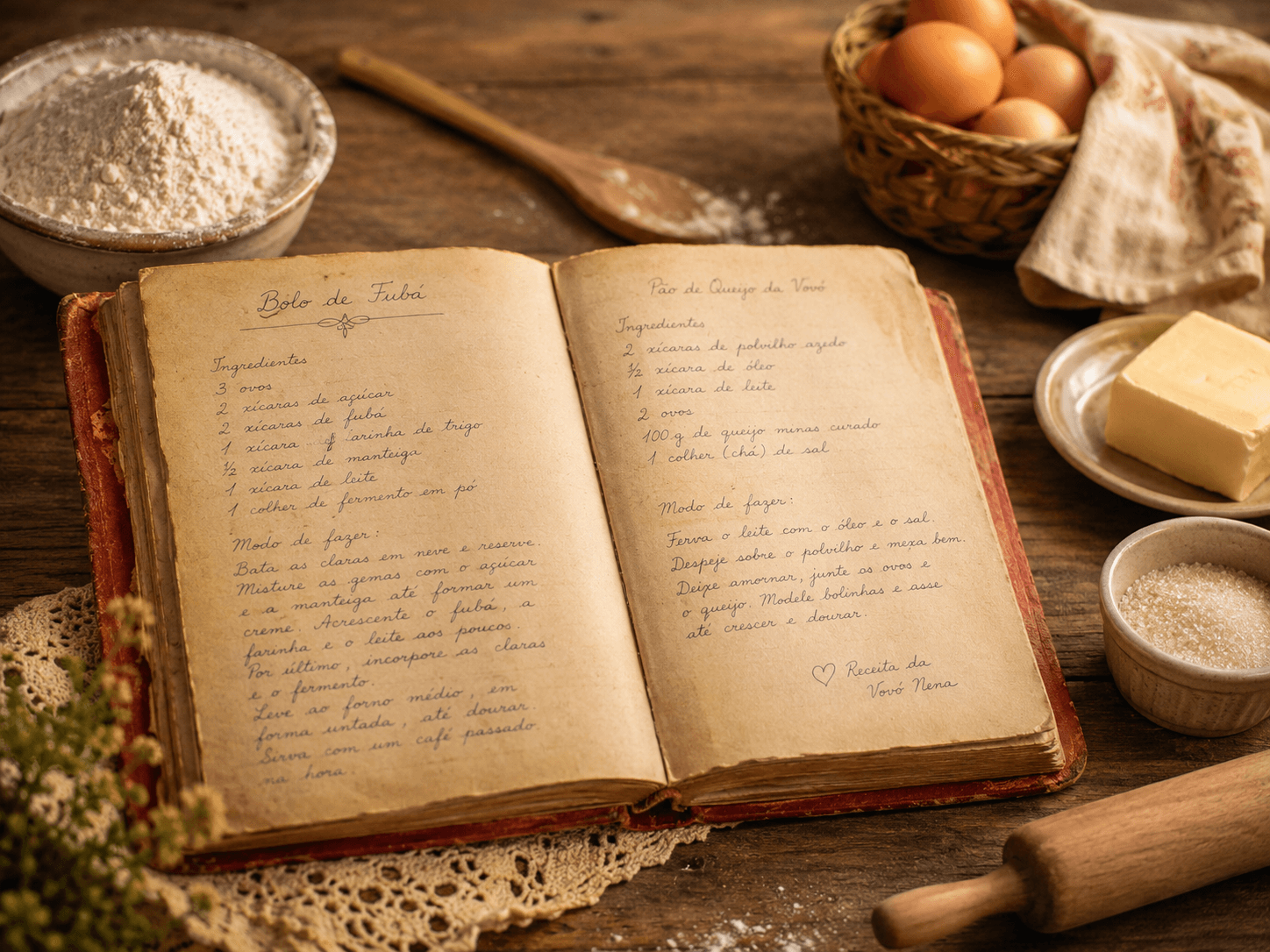 Caderno de receitas antigo da Vovó Nena sobre a mesa